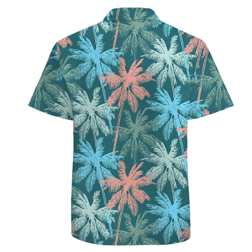 100% Cotton Button Up Shirt for Men with Teal and Pink Palm Theme