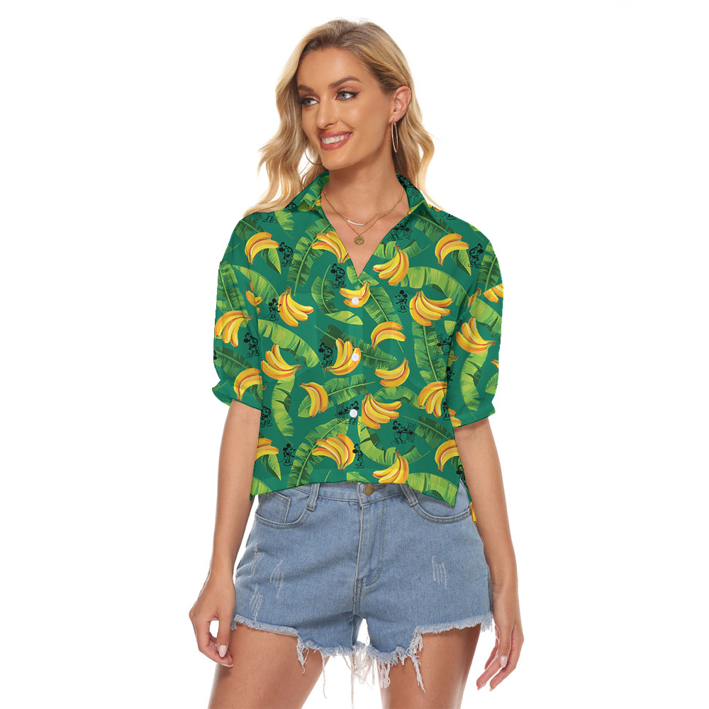 Steamboat Willie Mickey Tropical Banana Hawaiian Cropped Shirt For Women - variant image 1