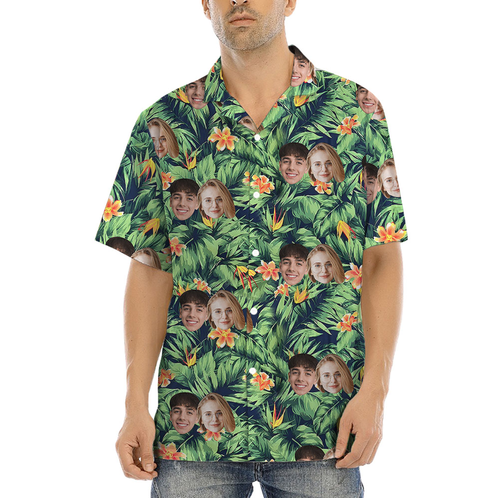 Custom Up To 4 Faces Green Tropical Hawaiian Shirt - variant image 1