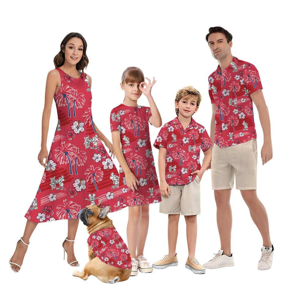 Classic Palm Tree Hibiscus Steamboat Willie Mickey Red Matching Hawaiian Outfits For Family - variant image 1