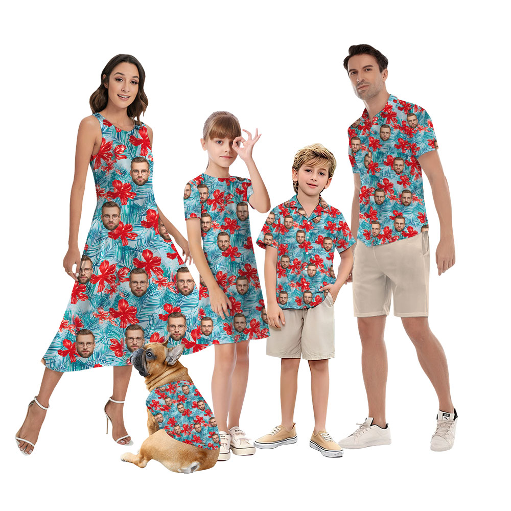 Custom Family Faces Matching Hawaiian Outfits Blue Print - variant image 1