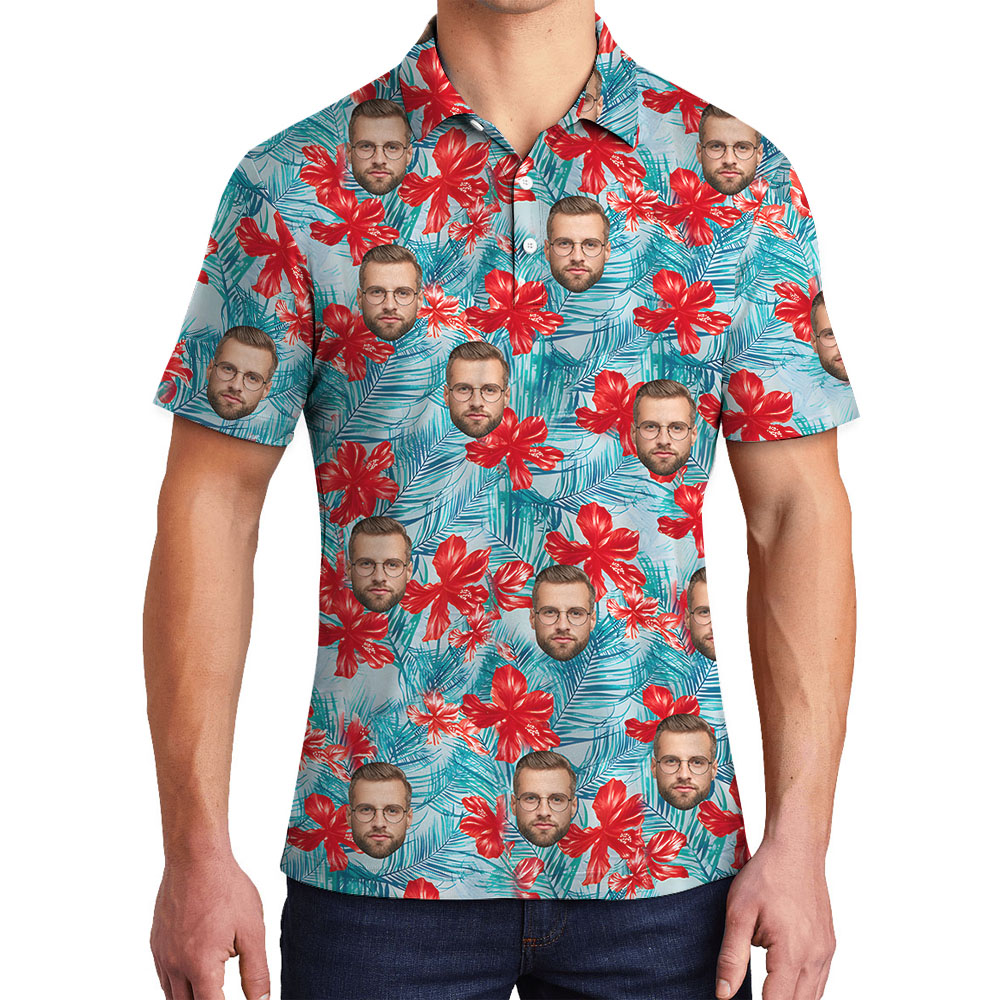 Custom Face Or Logo Floral Polo Shirts Blue - variant image 1