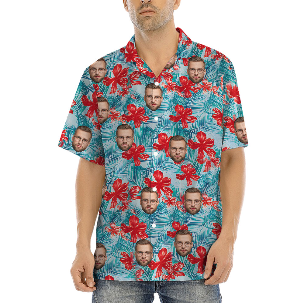 Blue Floral Short Sleeve Hawaiian Shirt With Faces - variant image 1