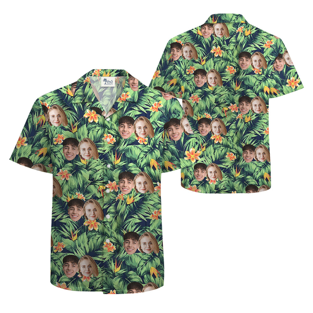 Custom Up To 4 Faces Green Tropical Hawaiian Shirt