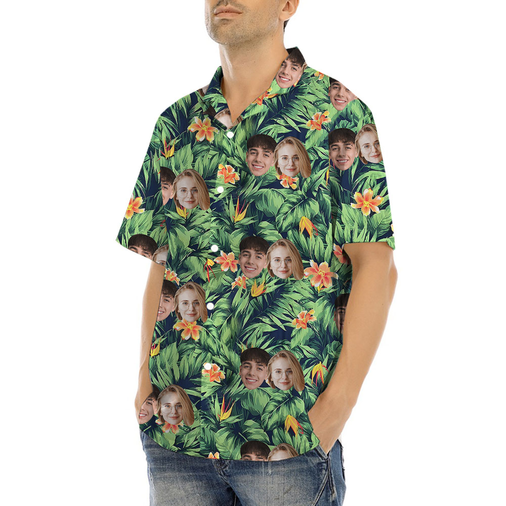 Custom Up To 4 Faces Green Tropical Hawaiian Shirt