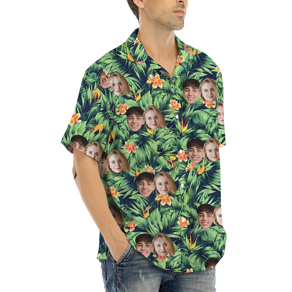 Custom Up To 4 Faces Green Tropical Hawaiian Shirt