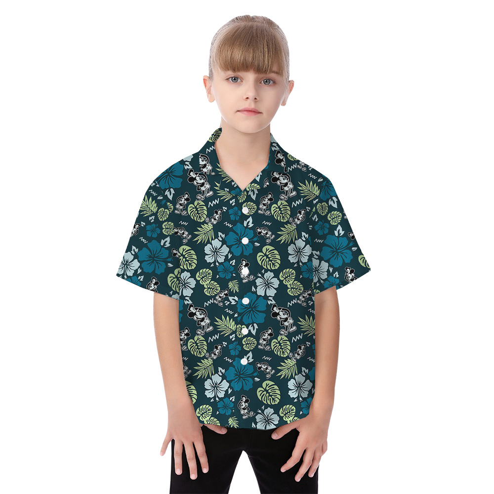 Cute Green Hibiscus Mickey Steamboat Willie Family Matching Hawaiian Outfits