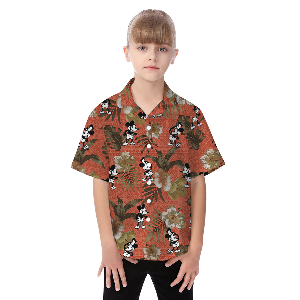 Vintage Orange Hibiscus Tropical Steamboat Willie Mickey Family Matching Hawaiian Outfits