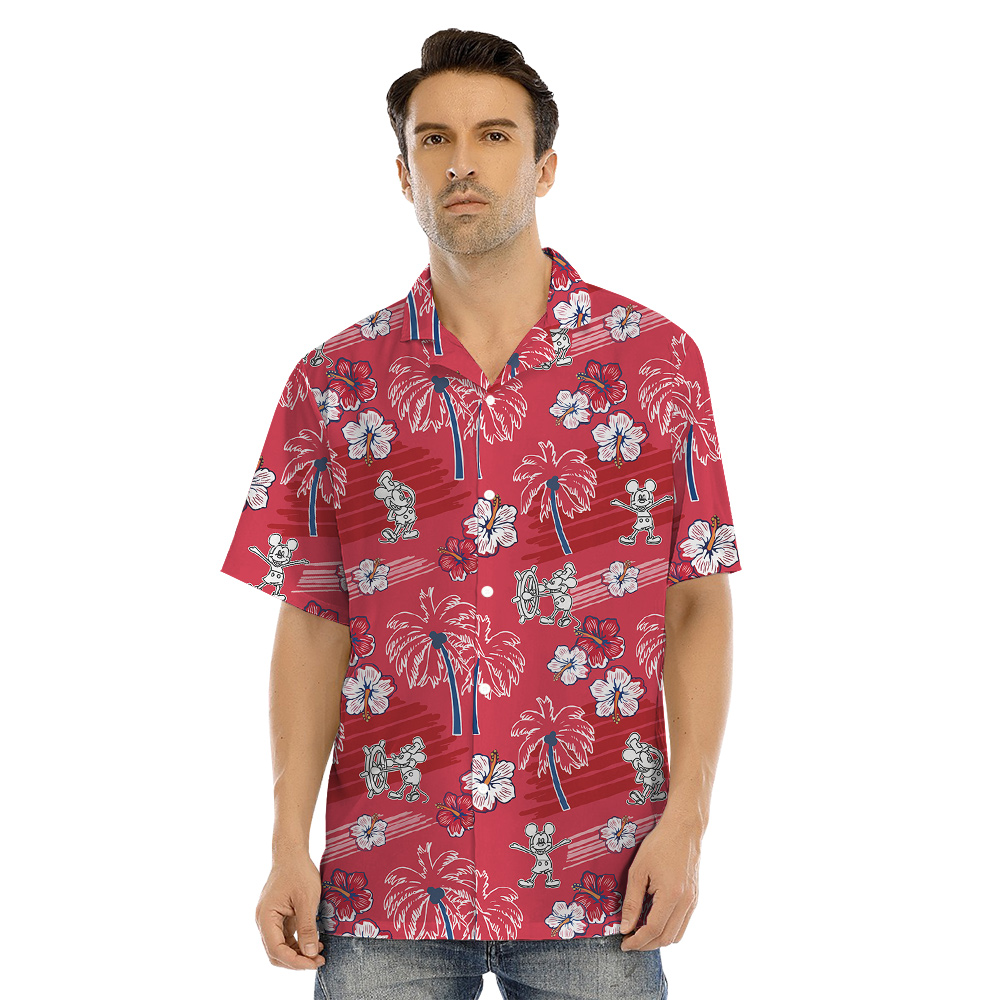 Classic Palm Tree Hibiscus Steamboat Willie Mickey Red Matching Hawaiian Outfits For Family