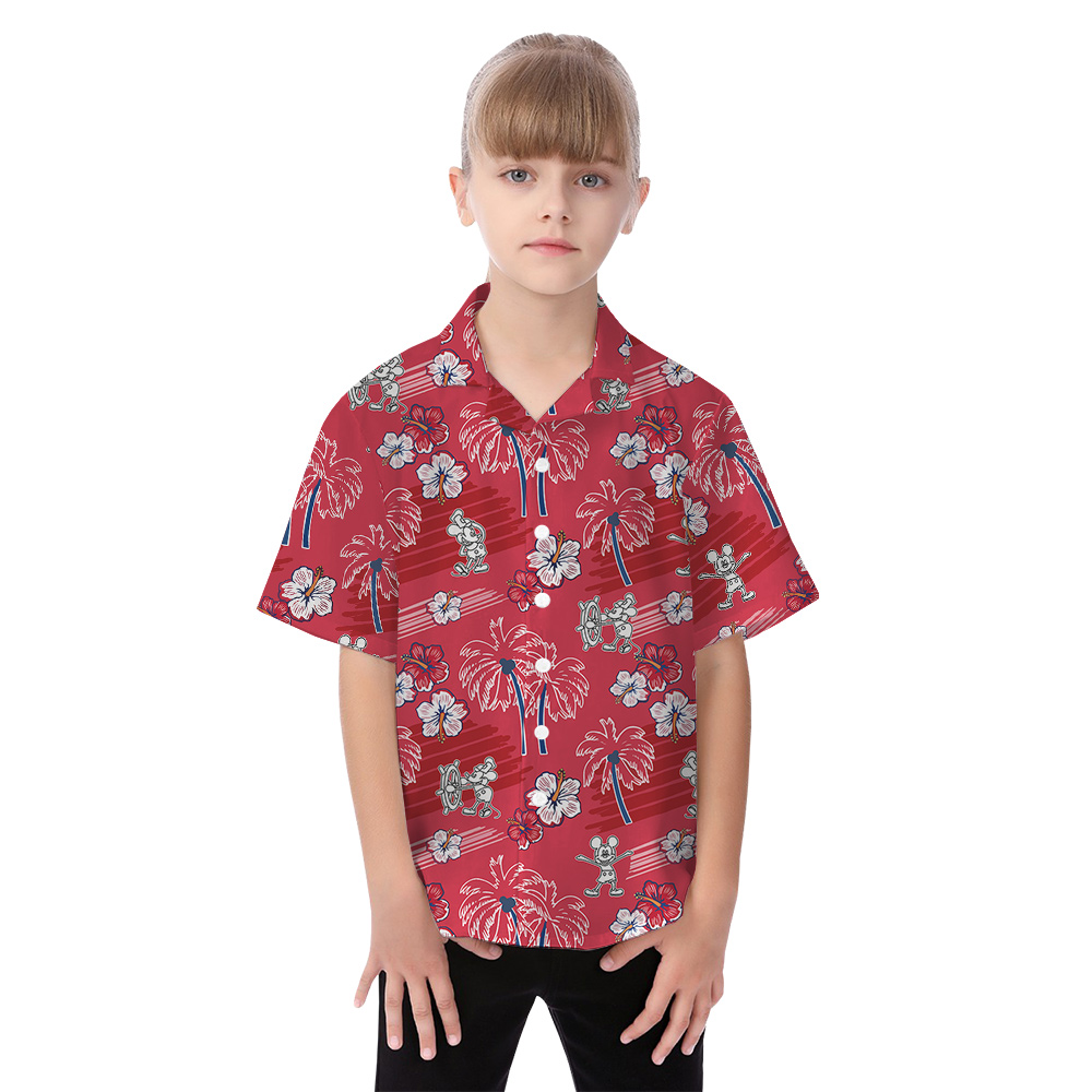 Classic Palm Tree Hibiscus Steamboat Willie Mickey Red Matching Hawaiian Outfits For Family