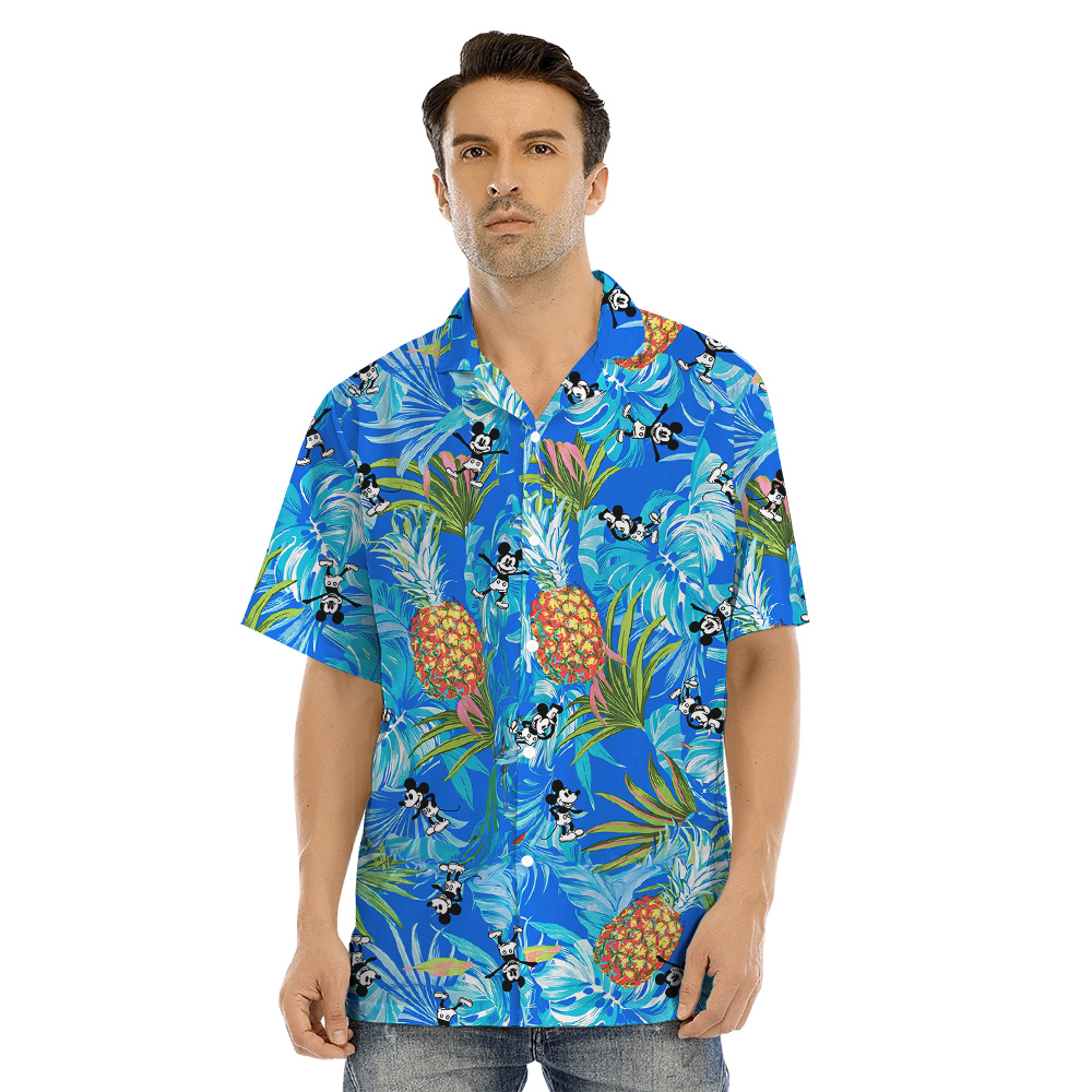 Blue Pineapple Mickey Steamboat Willie Family Matching Hawaiian Outfits