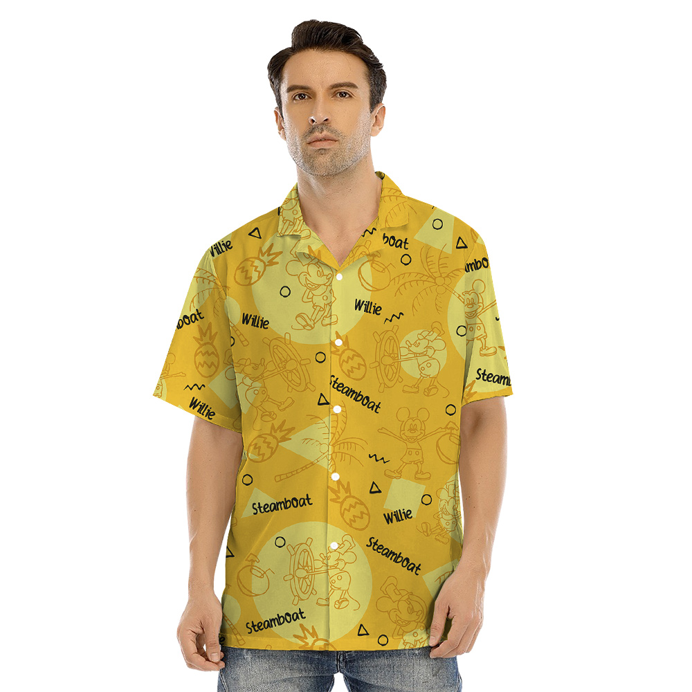 Cute Mickey Steamboat Willie Yellow Matching Hawaiian Outfits For Family