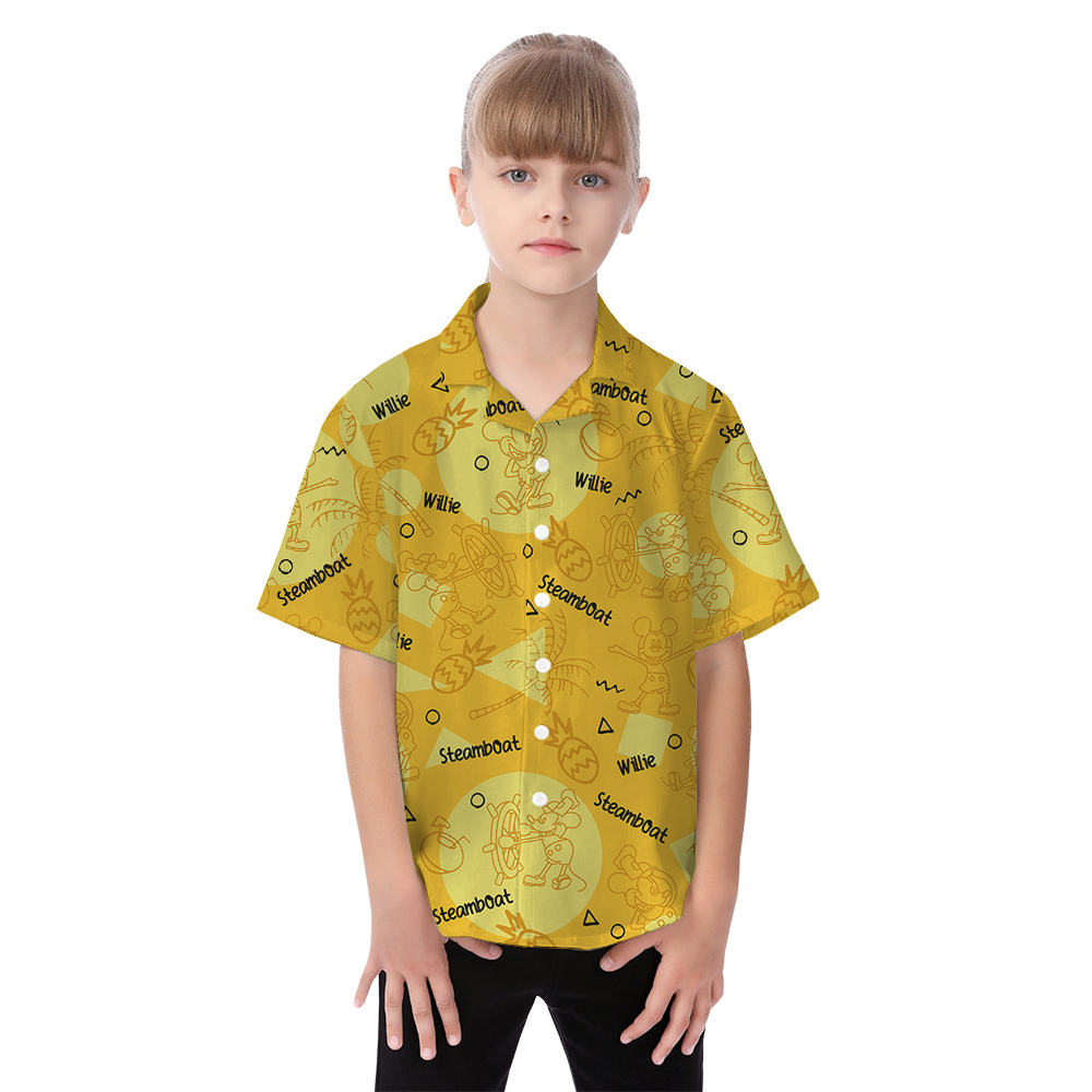 Cute Mickey Steamboat Willie Yellow Matching Hawaiian Outfits For Family