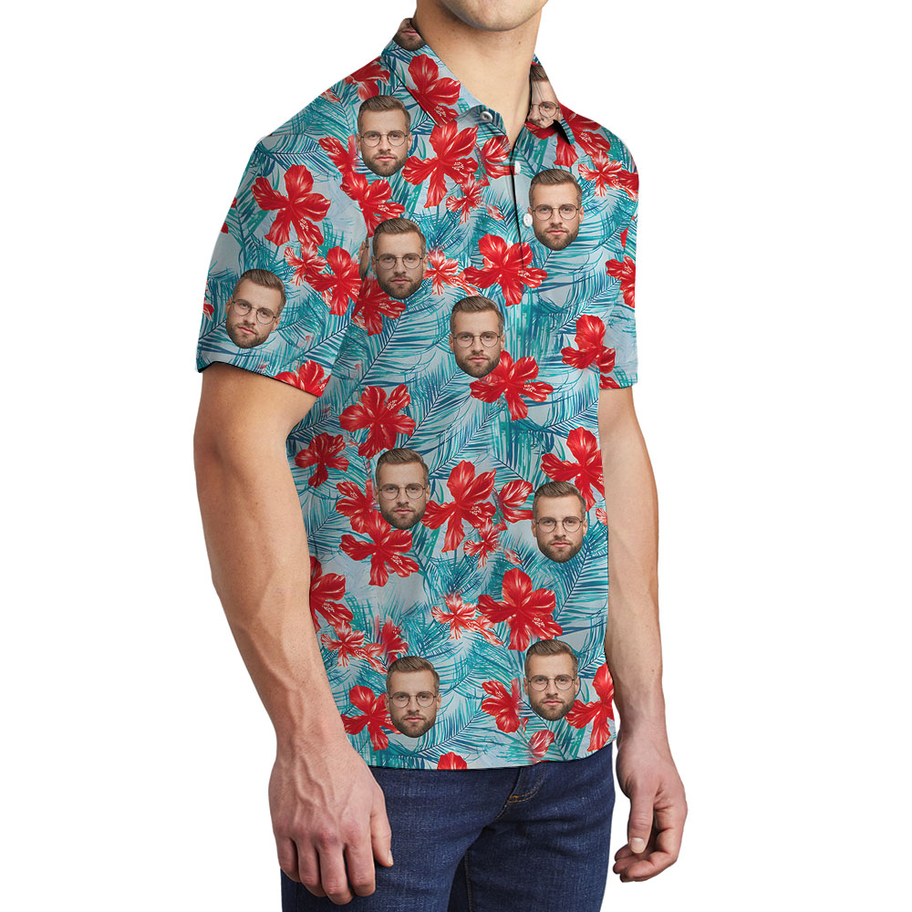 Custom Face Or Logo Floral Polo Shirts Blue