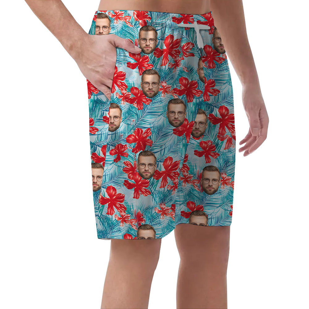 Custom Faces Blue Floral Men's Swim Trunks