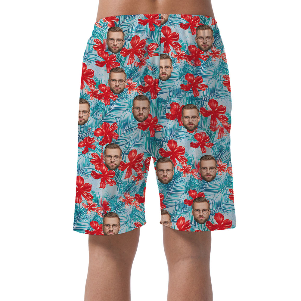 Custom Faces Blue Floral Men's Swim Trunks