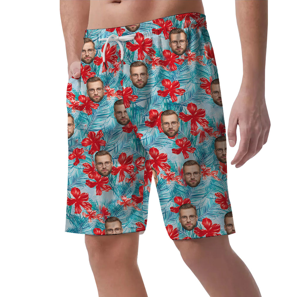 Custom Faces Blue Floral Men's Swim Trunks