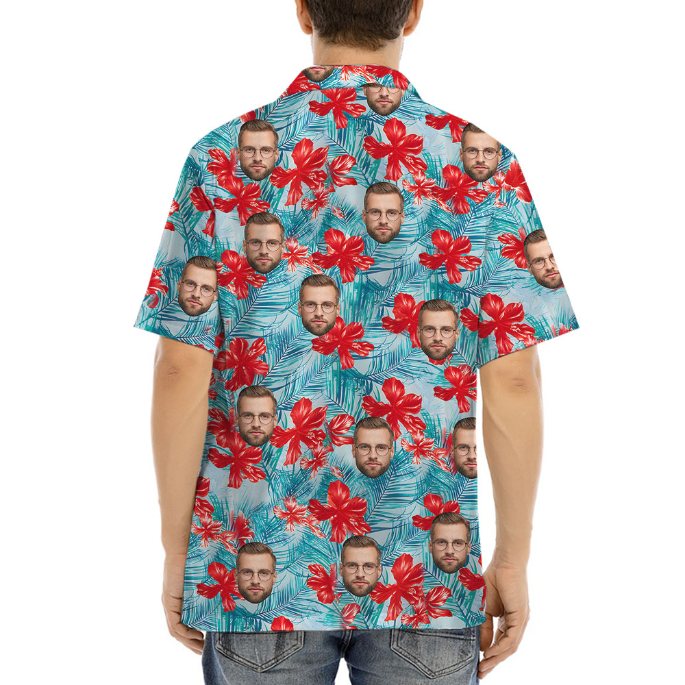 Blue Floral Short Sleeve Hawaiian Shirt With Faces