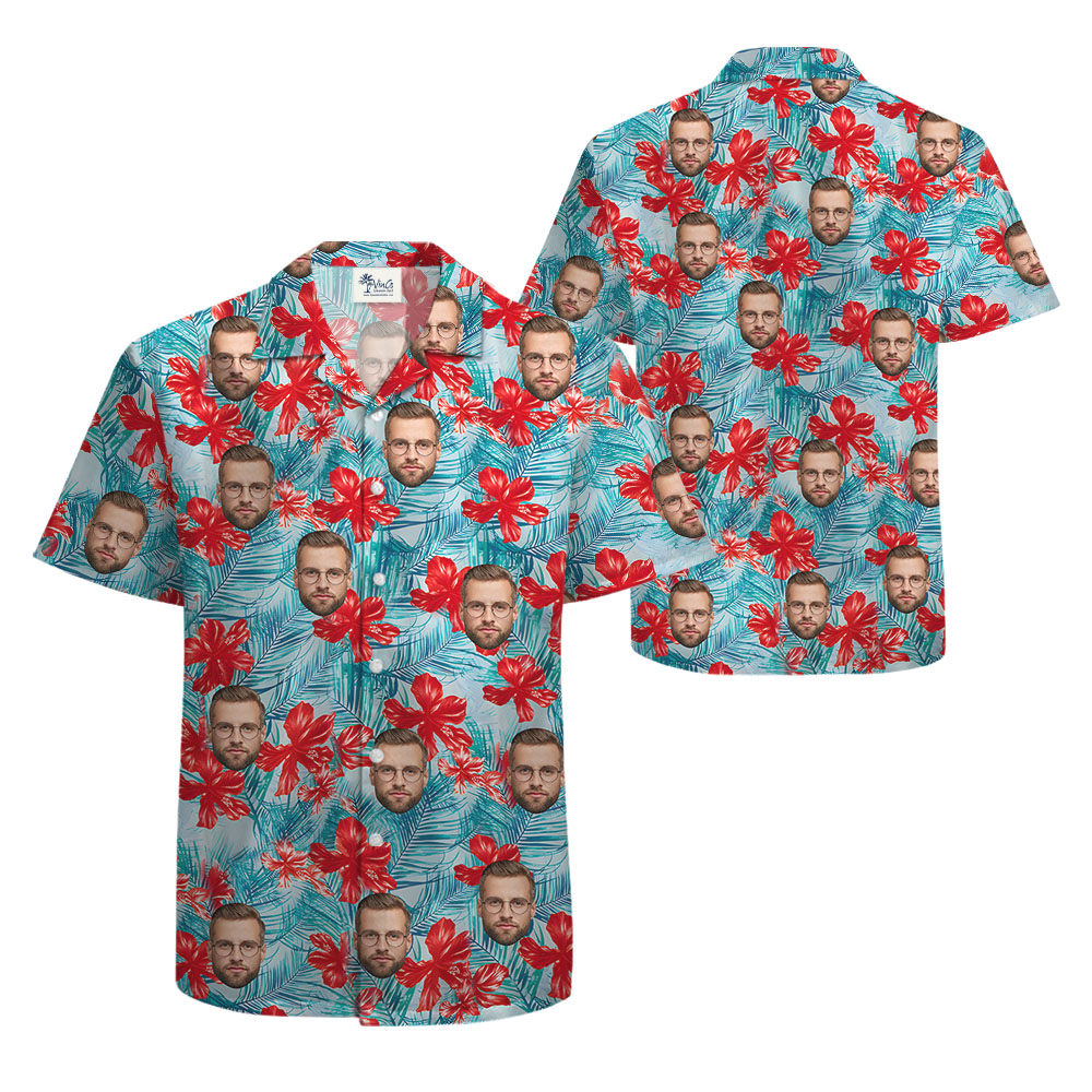 Blue Floral Short Sleeve Hawaiian Shirt With Faces