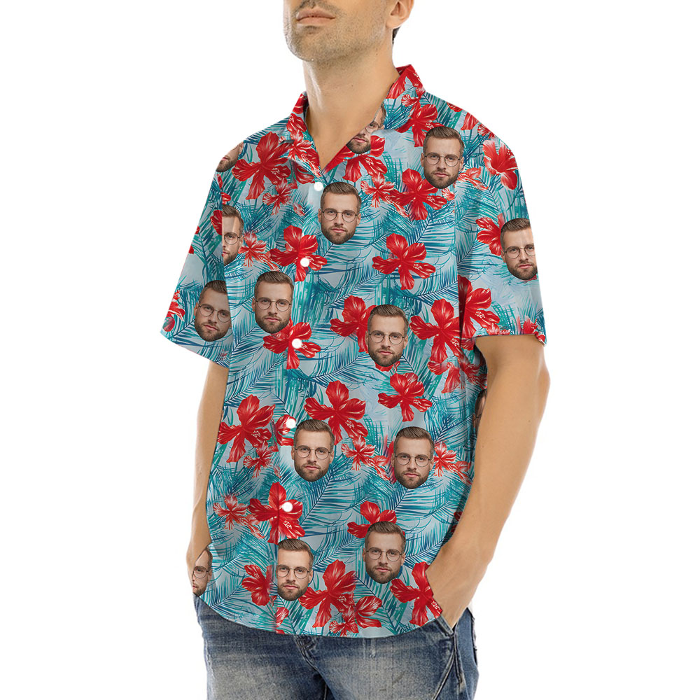 Blue Floral Short Sleeve Hawaiian Shirt With Faces