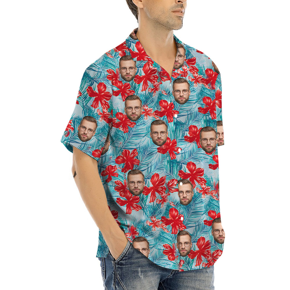 Blue Floral Short Sleeve Hawaiian Shirt With Faces