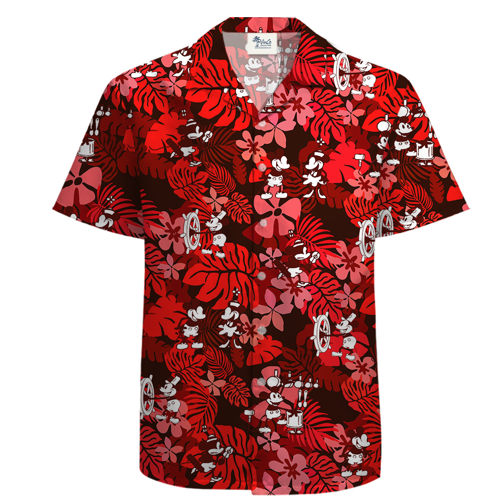 Red Tropical Button Shirt for Men with Mickey Willie 1928 - variant image 1