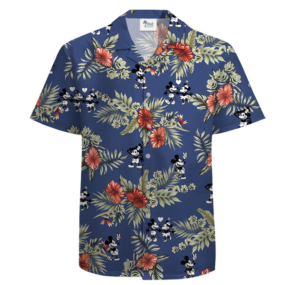 Tropical Mickey and Minnie Button Up Navy Shirt for Men - variant image 1