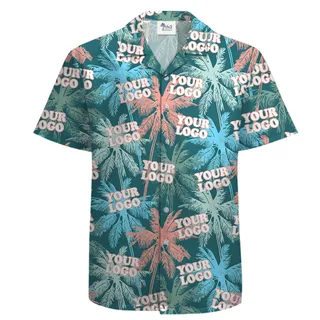 Custom Logo Pink and Teal Hawaiian Shirt with Palm Pattern for Team