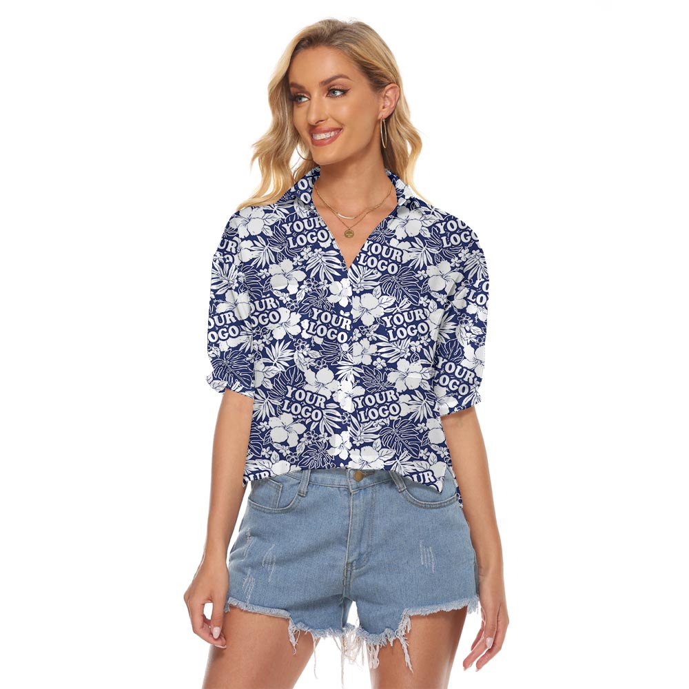 Custom Logo Navy Crop Top Hawaiian Shirt For Women - variant image 1