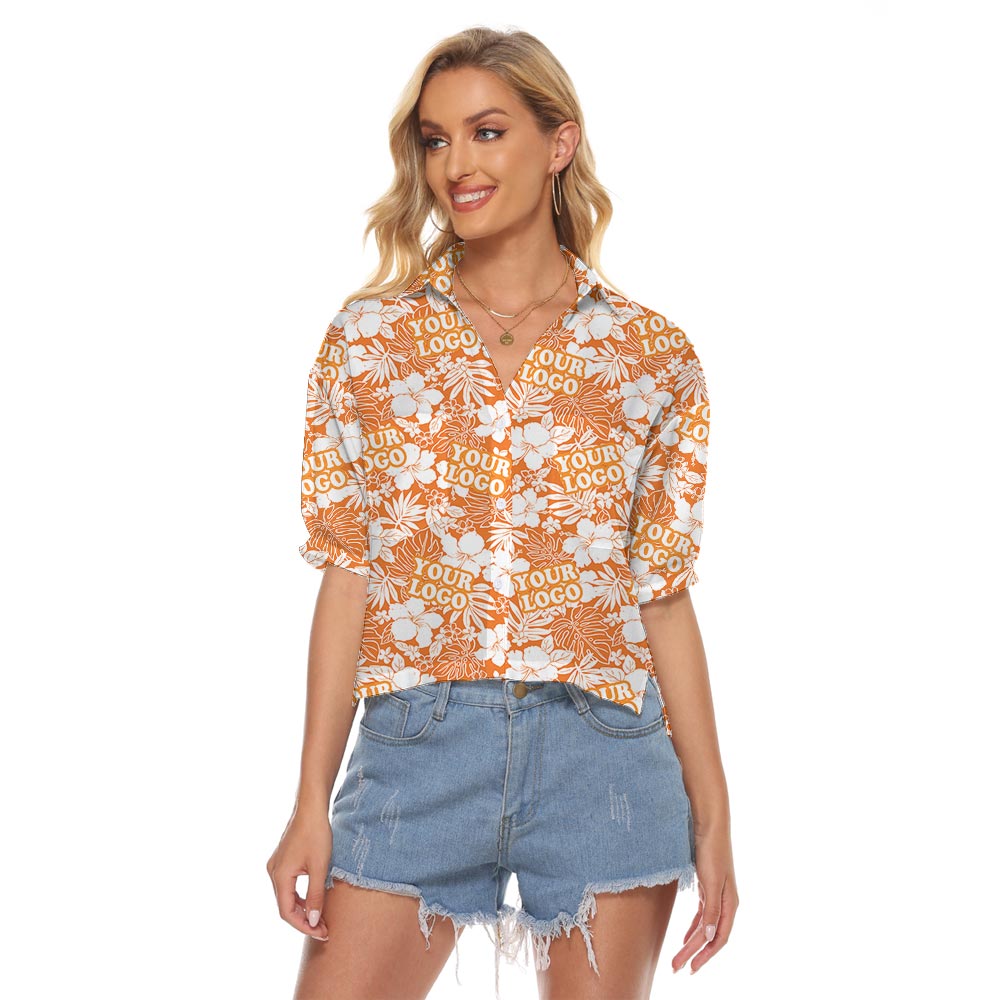 Orange Women's Hawaiian Shirt Crop Top Custom Logo - variant image 1