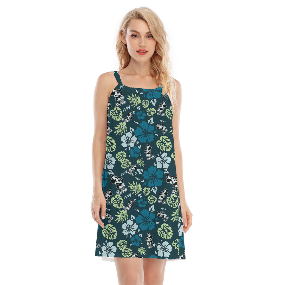 Cute Mickey Steamboat Willie Hibiscus Green Aloha Cami Dress - variant image 1