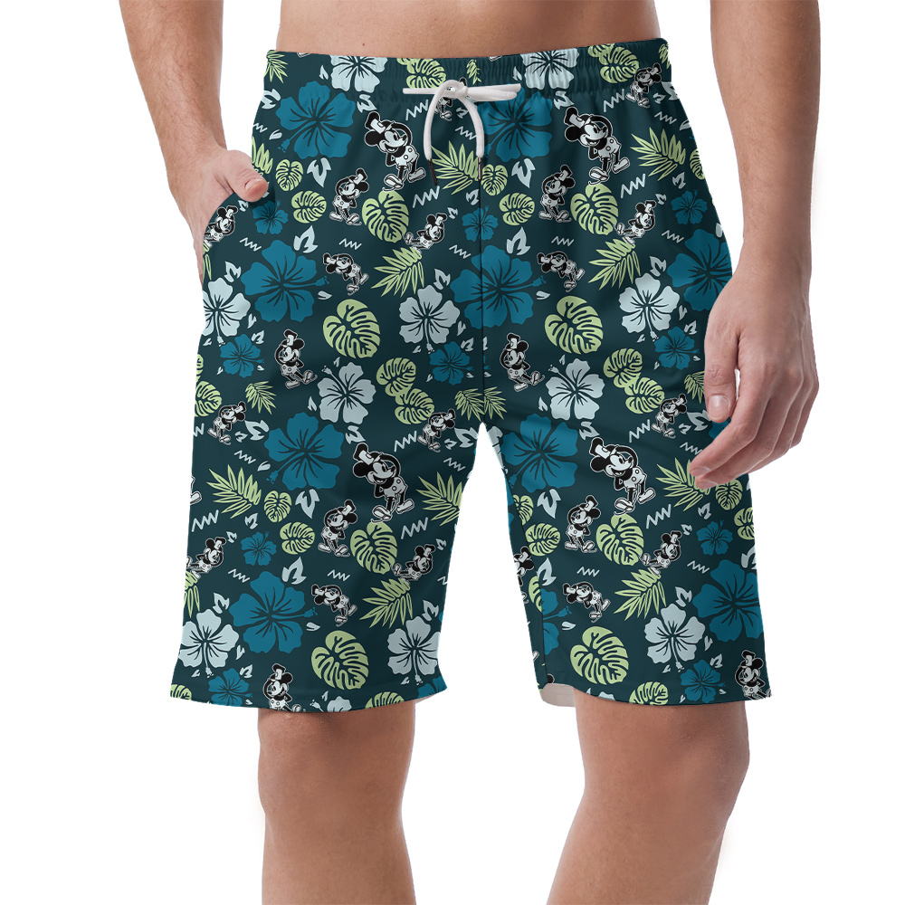 Green Hibiscus Mickey Steamboat Willie Men's Hawaiian Beach Shorts - variant image 1