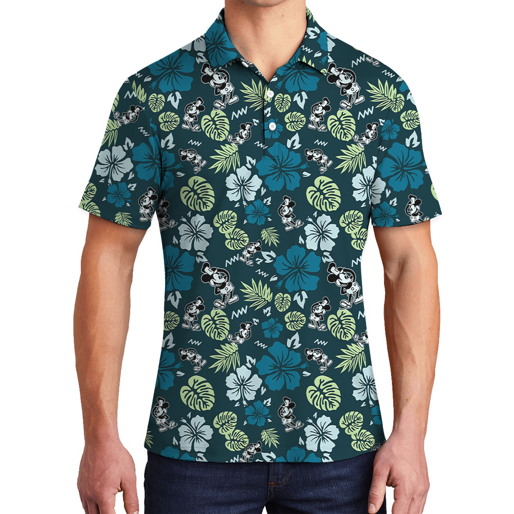 Green Mickey Steamboat Willie Floral Hawaiian Polo Shirt - variant image 1