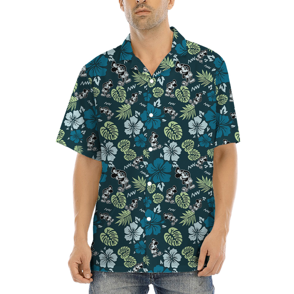 Tropical Hibiscus Steamboat Willie Mickey Green Hawaiian Shirt - variant image 1