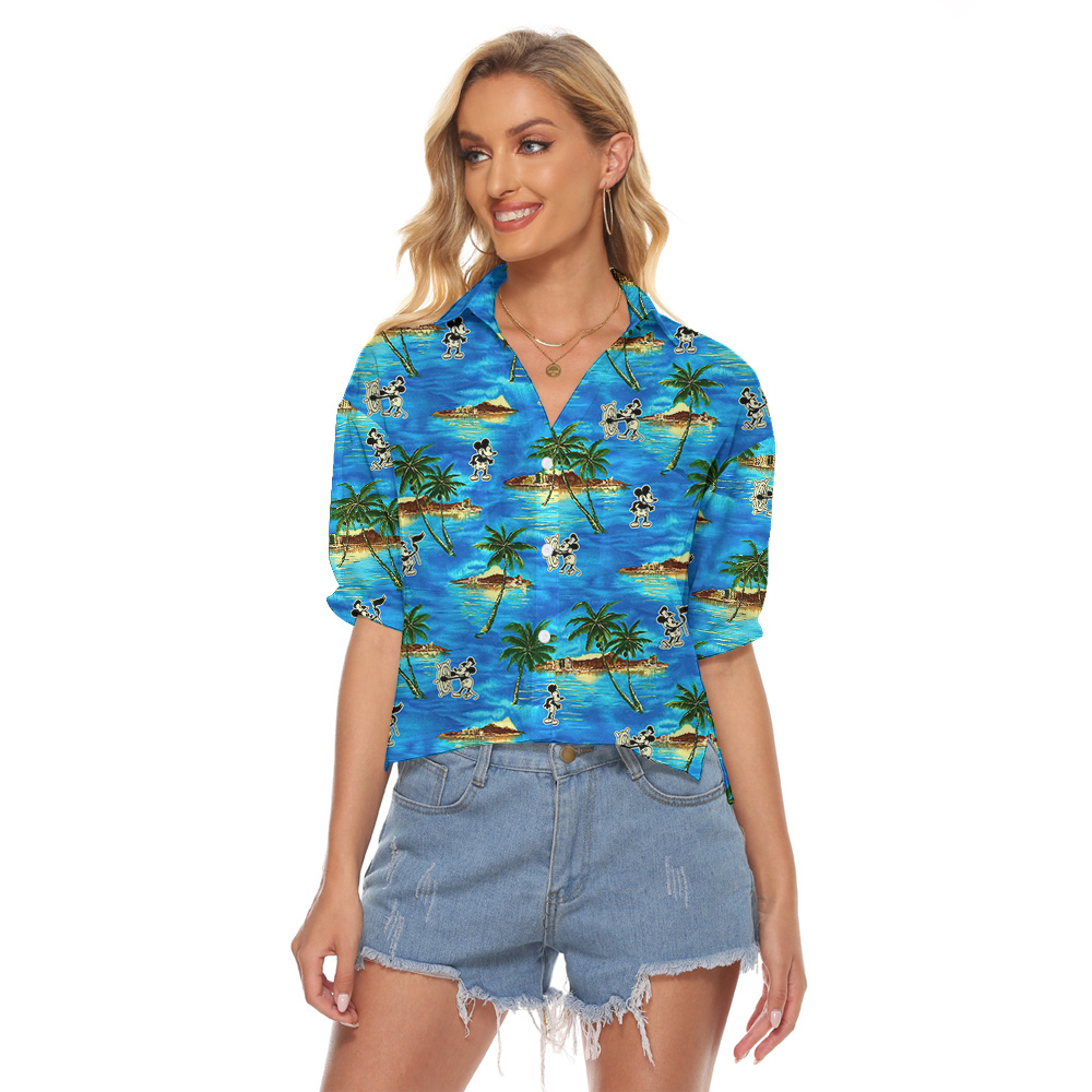 Cute Mickey Steamboat Willie Tropical Islands Blue Hawaiian Cropped Shirt - variant image 1