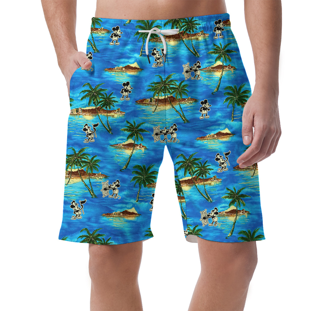 Tropical Palm Tree Mickey Steamboat Willie Blue Hawaiian Beach Shorts - variant image 1