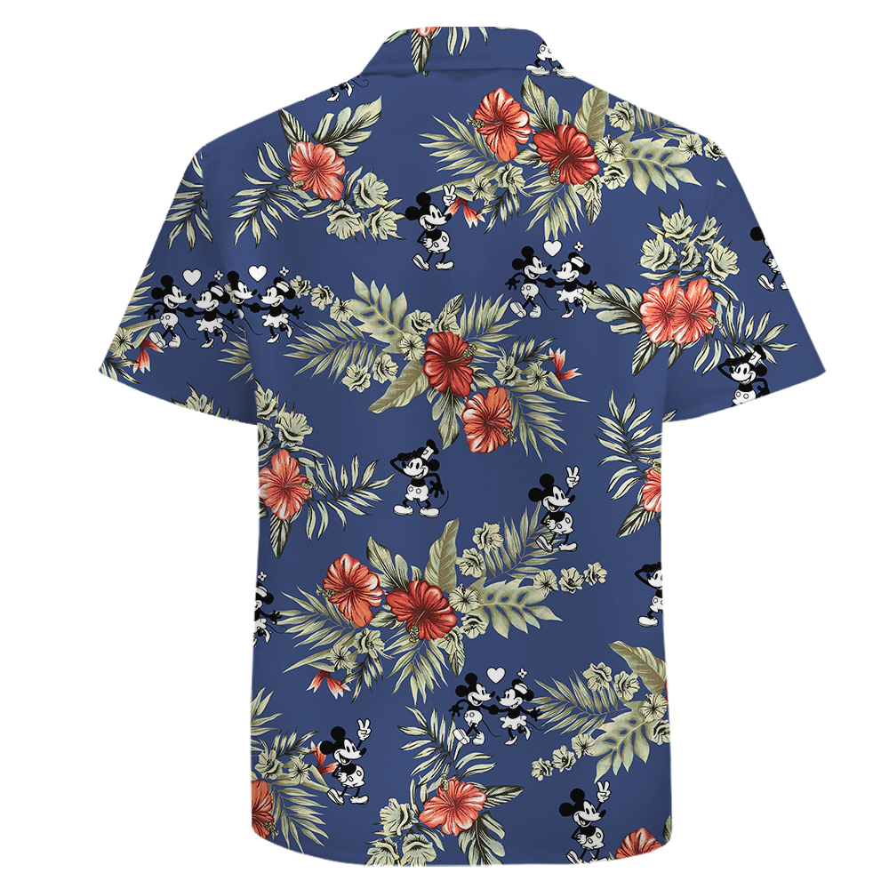 Tropical Mickey and Minnie Button Up Navy Shirt for Men
