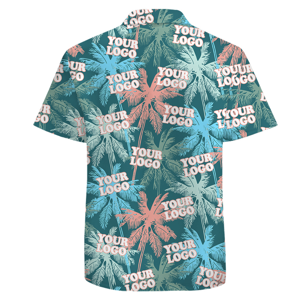 Custom Logo Pink and Teal Hawaiian Shirt with Palm Pattern for Team