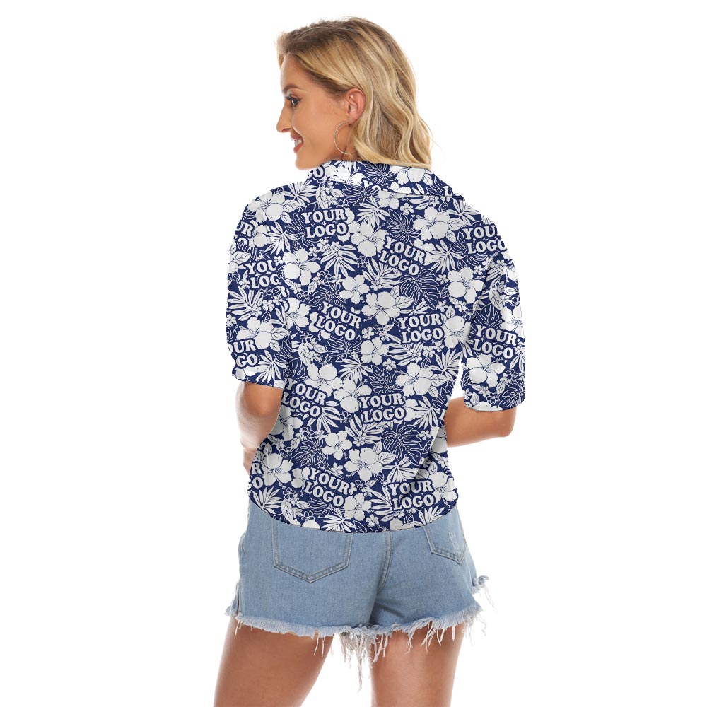 Custom Logo Navy Crop Top Hawaiian Shirt For Women