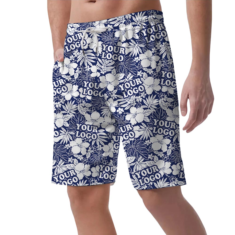Navy Customized Logo Men's Tropical Summer Shorts
