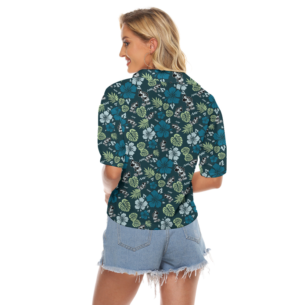 Cute Mickey Steamboat Willie Green Hibiscus Hawaiian Cropped Shirt