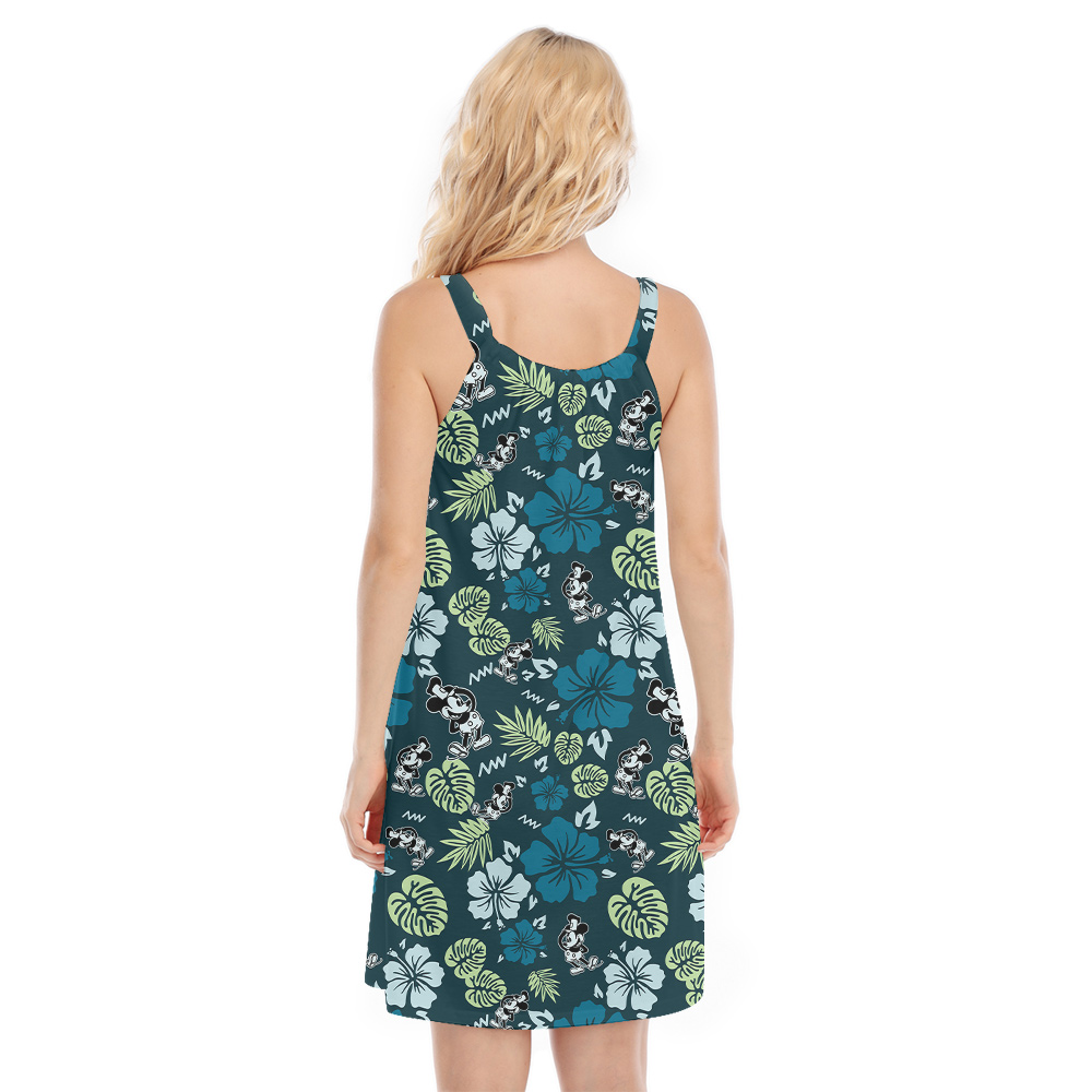 Cute Mickey Steamboat Willie Hibiscus Green Aloha Cami Dress