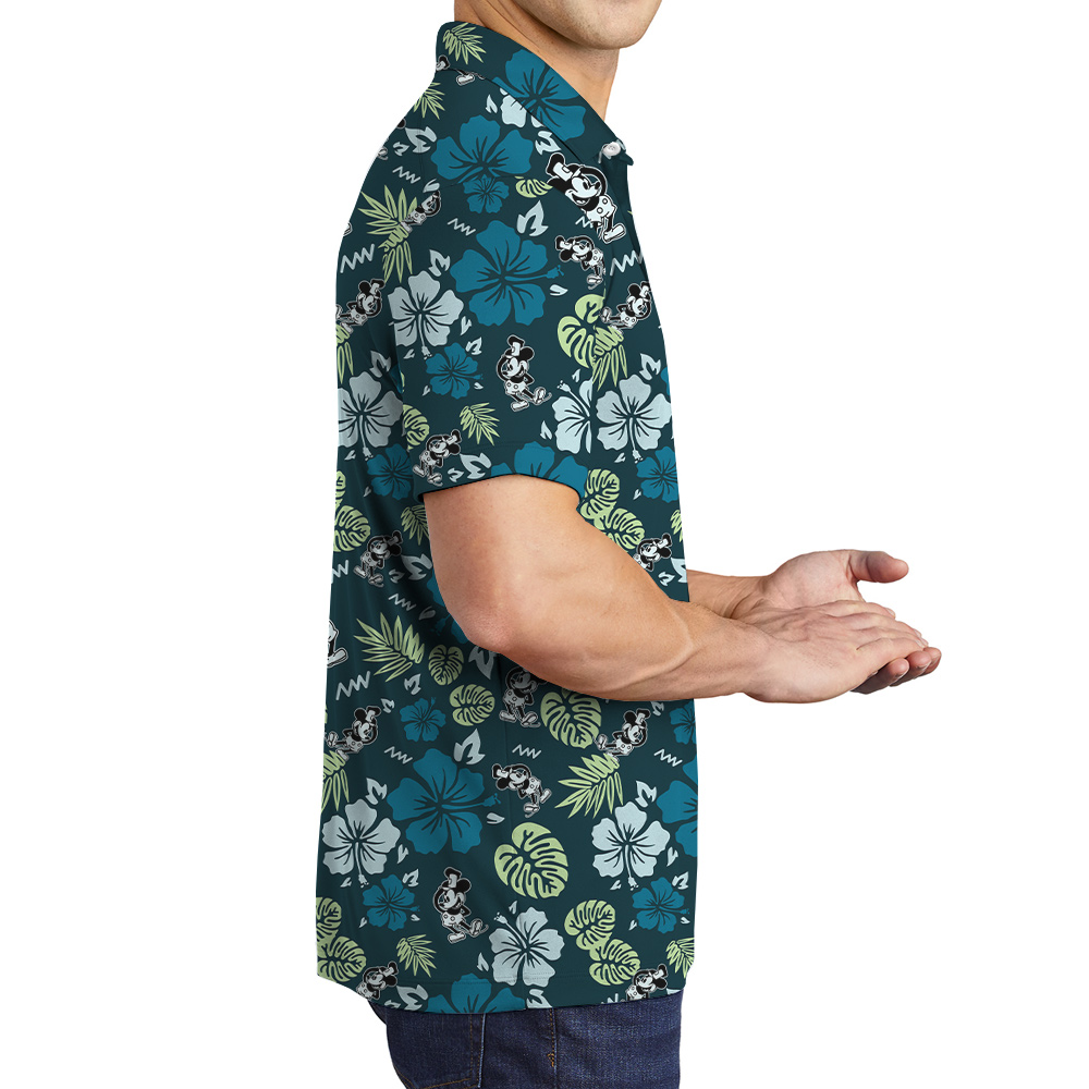 Green Mickey Steamboat Willie Floral Hawaiian Polo Shirt