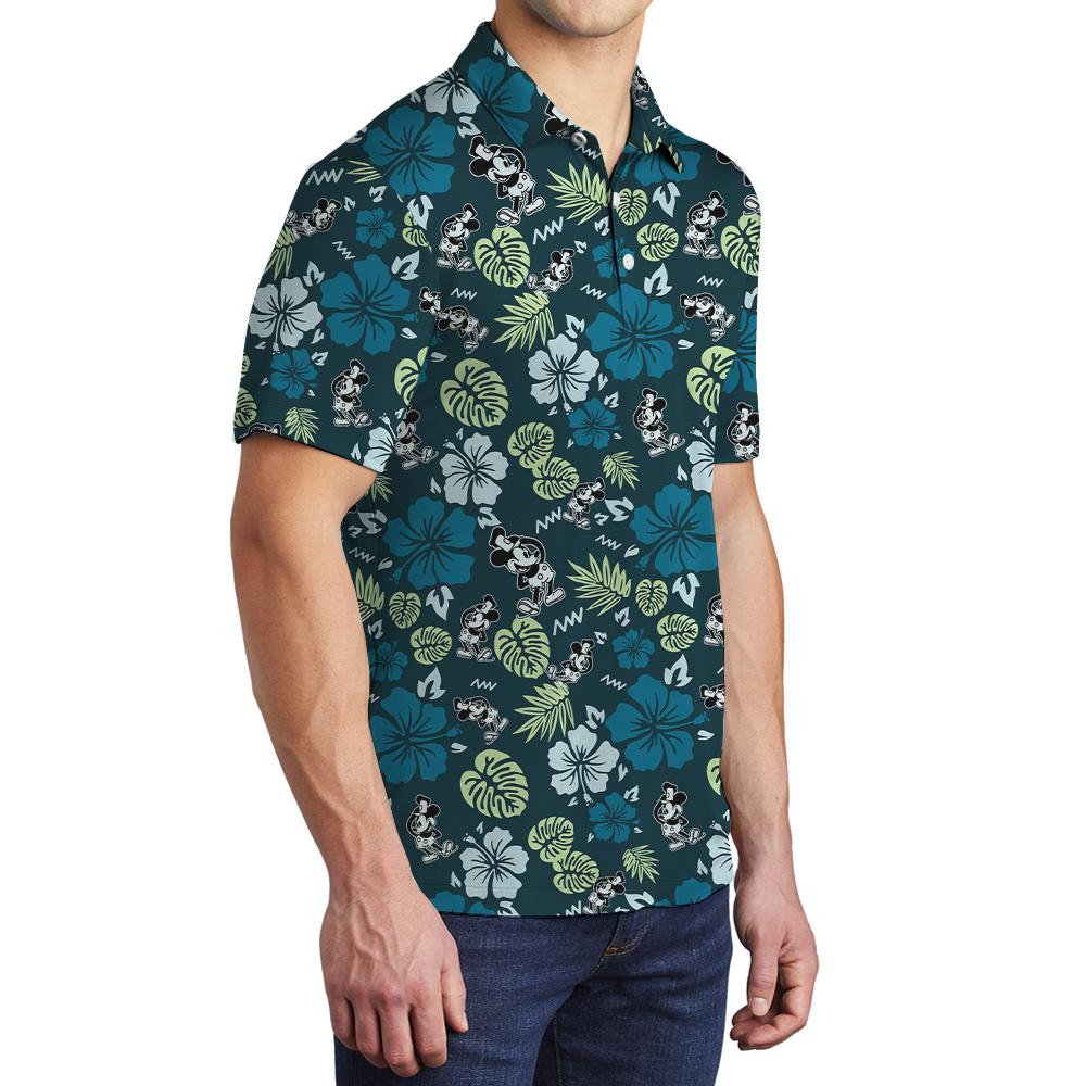 Green Mickey Steamboat Willie Floral Hawaiian Polo Shirt