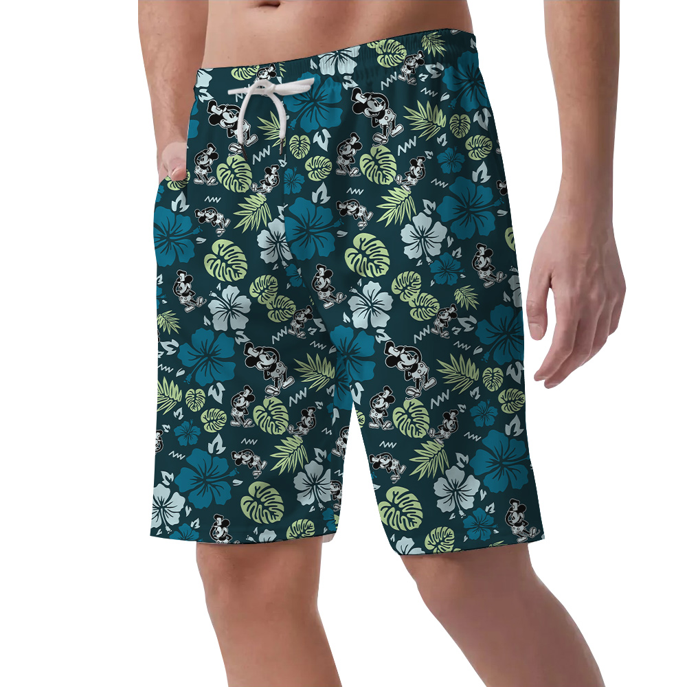 Green Hibiscus Mickey Steamboat Willie Men's Hawaiian Beach Shorts