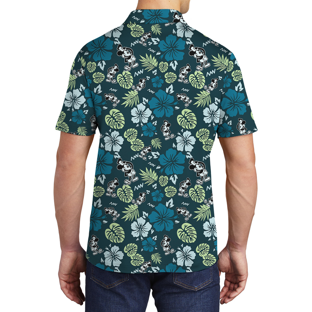 Green Mickey Steamboat Willie Floral Hawaiian Polo Shirt
