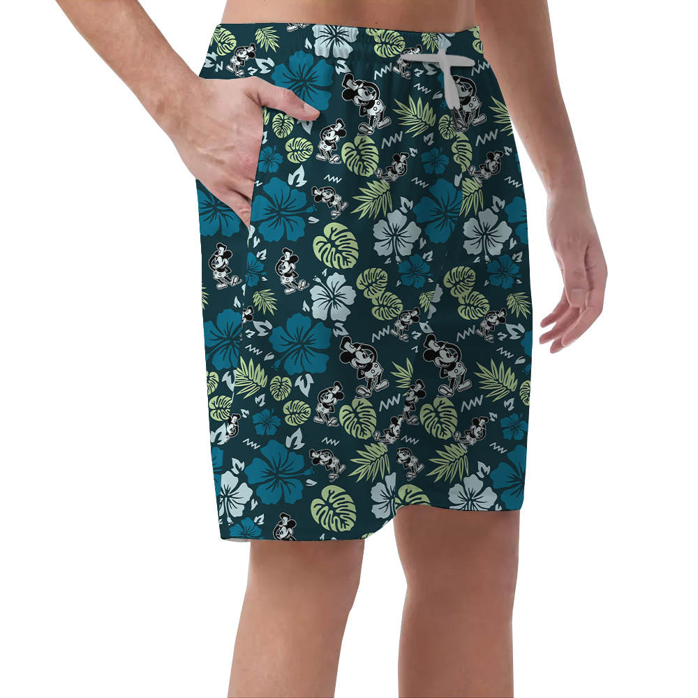 Green Hibiscus Mickey Steamboat Willie Men's Hawaiian Beach Shorts