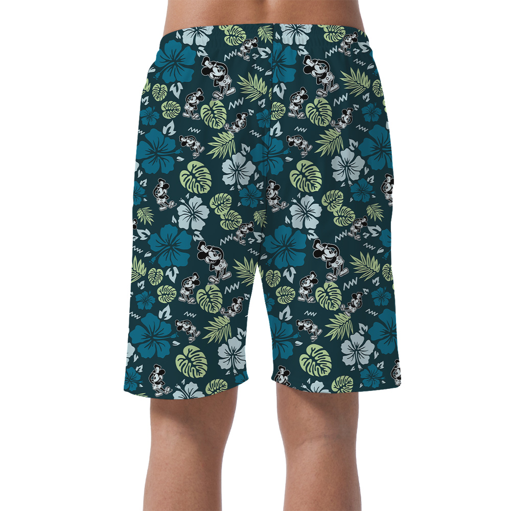 Green Hibiscus Mickey Steamboat Willie Men's Hawaiian Beach Shorts