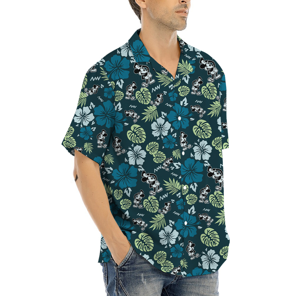 Tropical Hibiscus Steamboat Willie Mickey Green Hawaiian Shirt