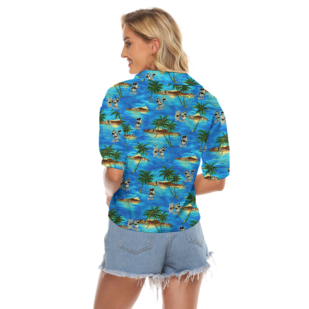 Cute Mickey Steamboat Willie Tropical Islands Blue Hawaiian Cropped Shirt